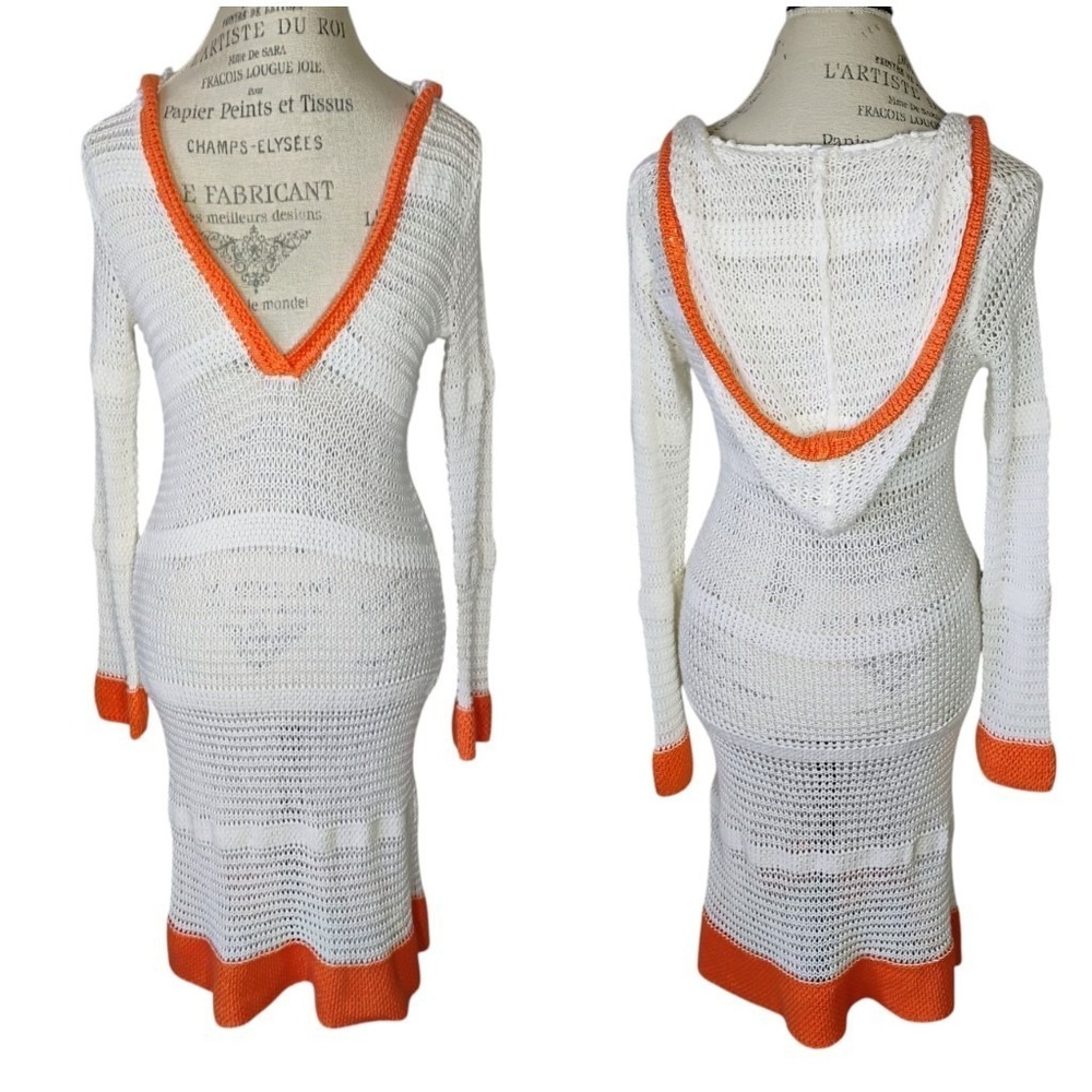 Tommy Bahama Open Knit Swimsuit Cover Up Dress Small White Orange Y2K Beach Pool